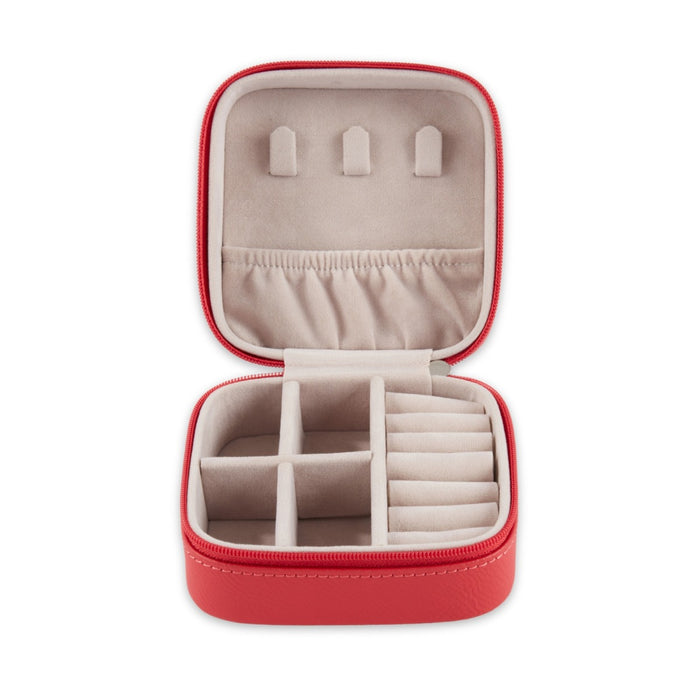 Small Red Leather Travel Jewelry Case with Zipper Closure