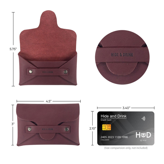 Hide & Drink's Snapless Business Card Holder with dimensions shown. This versatile Snapless Business Card Holder for Men and Women is a practical vintage wallet that offers a sturdy pouch and money organizer. Crafted from Full Grain Leather, it highlights small batch production, hand cut, hand sewn, and fire branded artisan quality made in La Antigua Guatemala & Oaxaca Mexico.