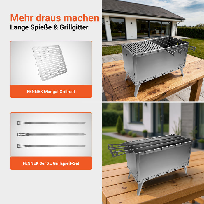FENNEK Mangal Schaschlik-Grill mit langen Spießen und Grillgitter