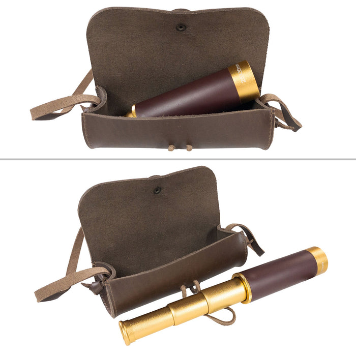 Open view of La Antigua Spotting Scope Case with a spotting scope inside. This rustic storage case, handmade from full grain leather, offers excellent protection during outdoor adventures. Enjoy the quality craftsmanship and practicality of this protective sleeve, perfect for travel.