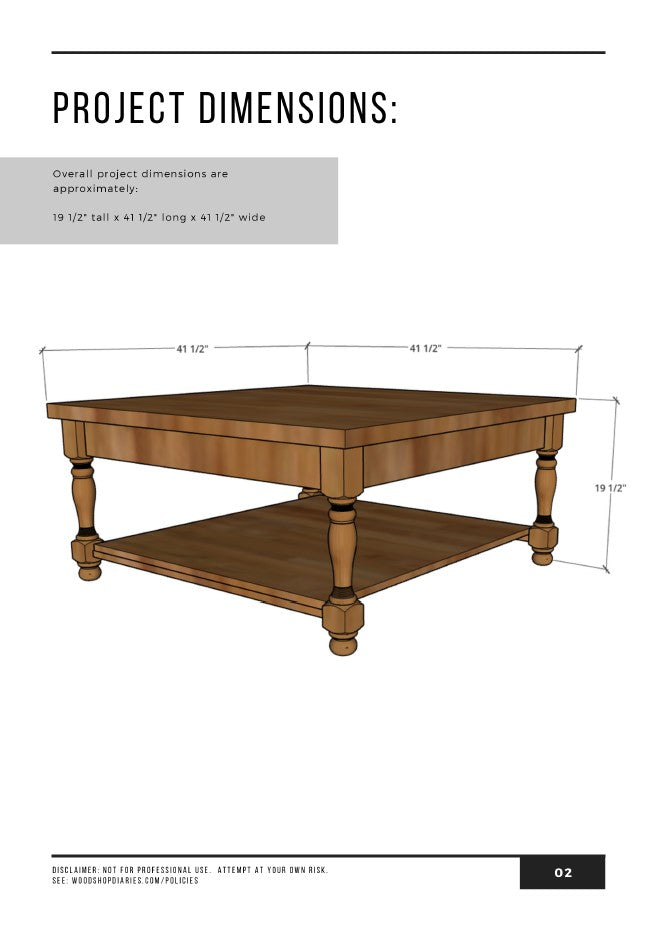 Project dimensions diagram for DIY square farmhouse coffee table 19½" tall x 41½" long x 41½" wide with turned legs