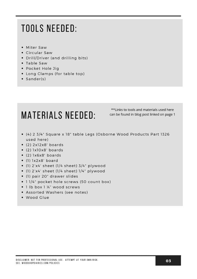 Tools and materials list for DIY square coffee table