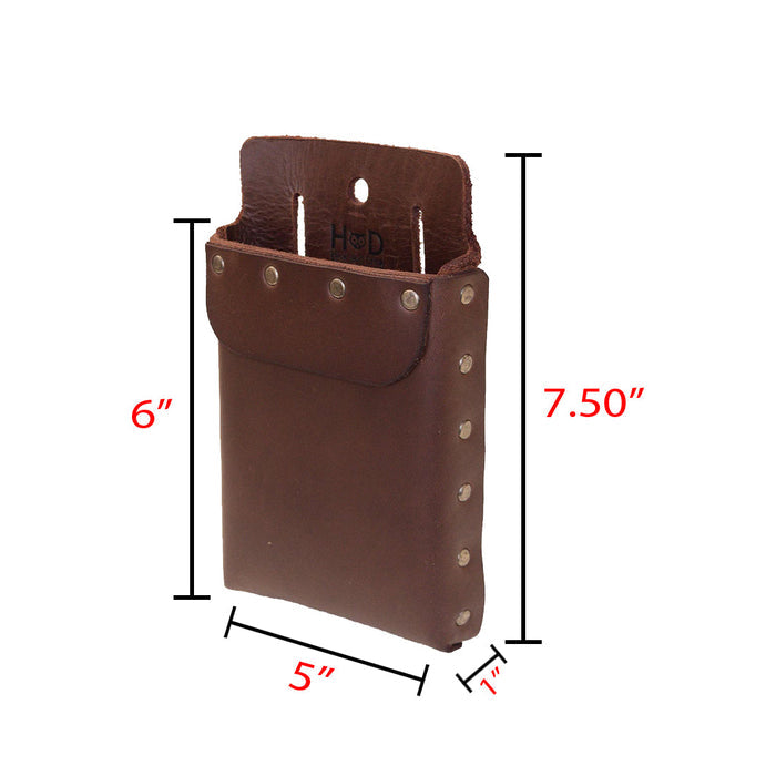 Hide & Drink's Square Tool Pouch features dimensions alongside its artisan-made design. This heavy-duty case, riveted and crafted from rustic full grain leather, serves as a perfect tool organizer for the waist belt, representing the excellence of handmade craftsmanship from Guatemala.