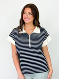 Stephanie - Striped Half Zip Top (Navy)