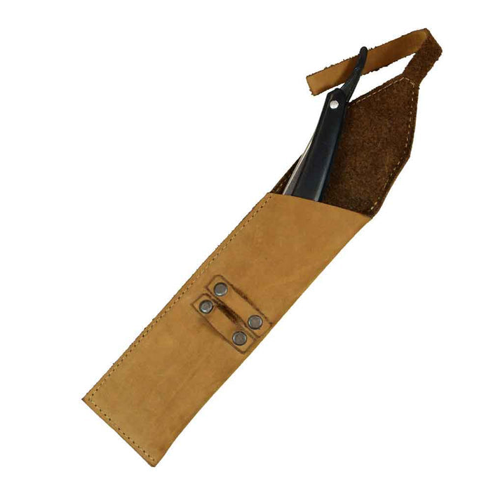 Hide & Drink Straight Razor Cover in a warm leather tone, designed for durability and style. This piece reflects the essence of Small Batch Production and is crafted from Full Grain Leather, featuring Hand Cut, Hand Sewn, and Fire Branded elements, proudly made by artisans in La Antigua Guatemala & Oaxaca Mexico.