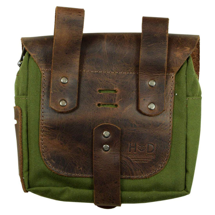 Back view of the green Survival Camping Pouch by Hide & Drink, highlighting secure storage and craftsmanship. Made from Water Resistant Waxed Canvas & Full Grain Leather, great for outdoor essentials.