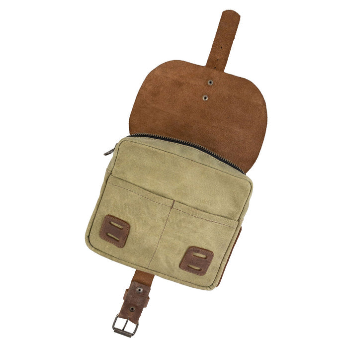 Close-up dimensions and features of colorful Survival Camping Pouches by Hide & Drink highlight their handmade quality. Made with Water Resistant Waxed Canvas & Full Grain Leather, ideal for tools.