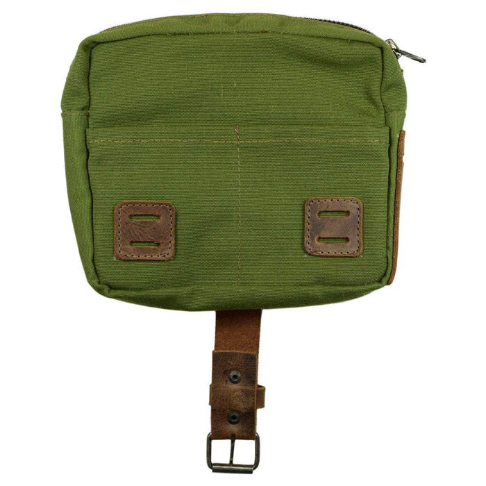 Front view of the green Survival Camping Pouch by Hide & Drink, showcasing the artisan design. Crafted from Water Resistant Waxed Canvas & Full Grain Leather, perfect for a survival kit or outdoor tools.