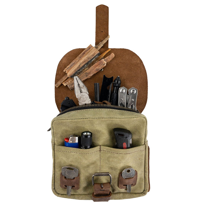 Stylish showcase of the Survival Camping Pouch by Hide & Drink displaying various colors. Handcrafted from Water Resistant Waxed Canvas & Full Grain Leather, perfect for outdoor tools and survival kits.