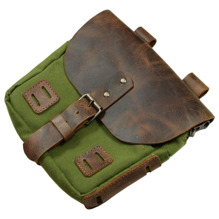 Back view of the green Survival Camping Pouch from Hide & Drink, highlighting its durable design. Made with Water Resistant Waxed Canvas & Full Grain Leather, ideal for your survival gear and outdoor essentials.