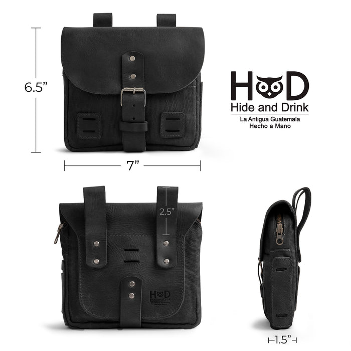 Survival Camping Pouch by Hide & Drink displayed alongside a card, representing thoughtful craftsmanship. Made from Water Resistant Waxed Canvas & Full Grain Leather, it’s perfect for outdoor essentials and handmade in La Antigua Guatemala.