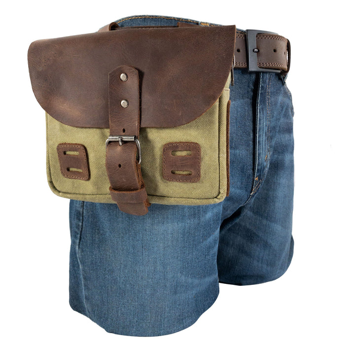 Quality front view of the Survival Camping Pouch from Hide & Drink featuring its stylish design. Made using Water Resistant Waxed Canvas & Full Grain Leather, it’s perfect for a survival kit.