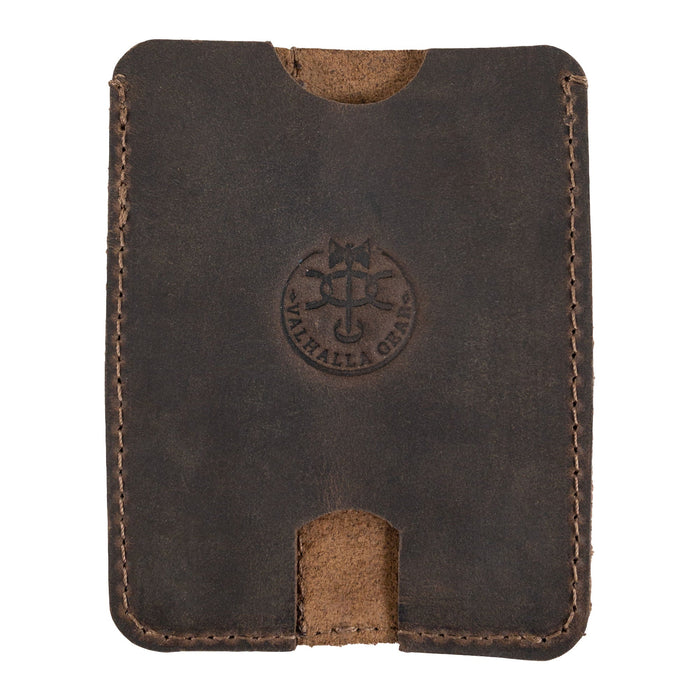 Close-up view of the Valhalla Gear Tactical Card Holder with Pen Slots showcasing its Full Grain Leather texture. This handmade EDC Card Holder with Pen Slots embodies artisan craftsmanship, made through Small Batch Production techniques in La Antigua Guatemala.