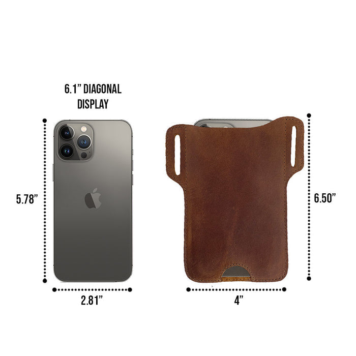 Specifications image comparing the Hide & Drink Tactical iPhone 13/14 Pro Case dimensions to the iPhone models. This artisan-made, full grain leather case is perfect for iPhone 13/14 Pro Max, emphasizing its handmade quality and small batch production.
