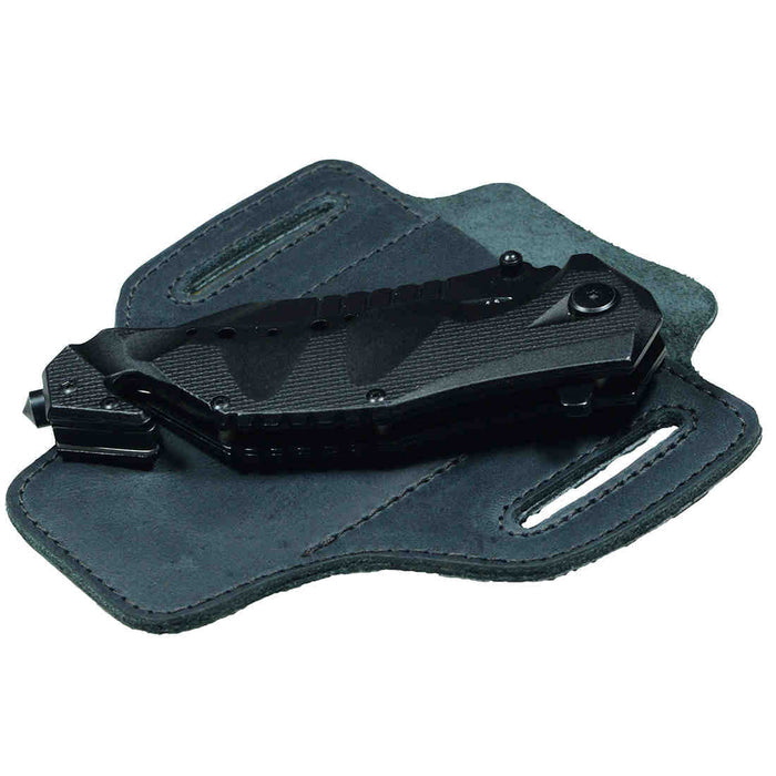 Hide & Drink's Tactical Knife Holster with a multitool stored inside, made from durable black Full Grain Leather. This Tactical Knife Leather Holster serves as a great multitool holder, enhancing your camping & outdoor accessories collection, expertly crafted in La Antigua Guatemala & Oaxaca Mexico.