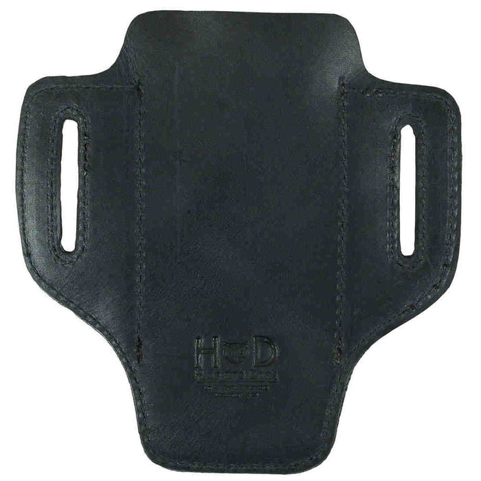 The back of Hide & Drink's black Tactical Knife Holster, designed for durability with quality Full Grain Leather. This Tactical Knife Leather Holster provides a reliable multitool holder for outdoor adventures, representing artisan craftsmanship from La Antigua Guatemala & Oaxaca Mexico.