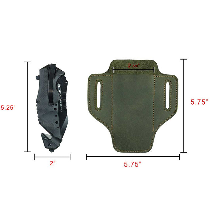 Dimensions of Hide & Drink's Tactical Knife Holster displayed alongside a knife, emphasizing its practicality in outdoor use. This Tactical Knife Leather Holster is an essential multitool holder, combining durability and style, supporting artisan production from La Antigua Guatemala & Oaxaca Mexico.