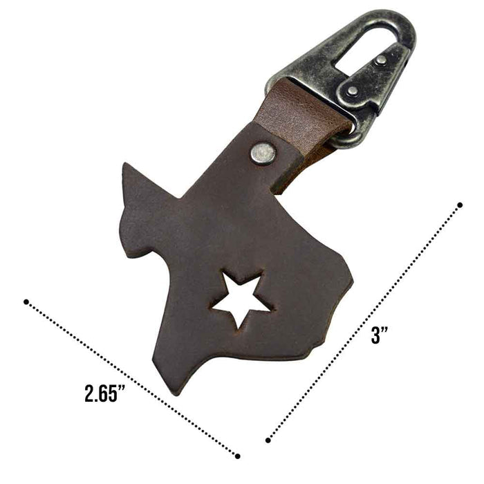 Measuring dimensions of the Texas Keychain Holder by Hide & Drink featuring the Texas state shape with a star cutout. Crafted from thick full grain leather, this handmade key chain is a stylish and practical Texas souvenir showcasing artisanal craftsmanship.