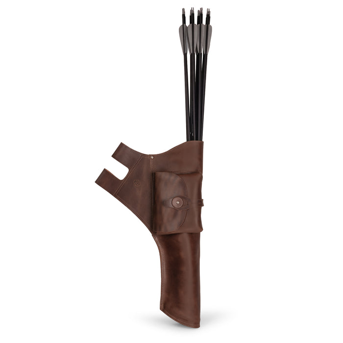 The Bowman, Hip Quiver by Valhalla Gear designed for archery, this versatile Waist Quiver for Target Archery includes a sleek design that functions as a side bag for arrows. Crafted from full grain leather, this quiver is a carrier for archers who appreciate artisan quality. It embraces small batch production and features hand cut, hand sewn details, proudly handmade in La Antigua Guatemala & Oaxaca Mexico.