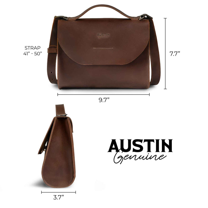 Dimensions of The Burnet Crossbody by Austin Genuine, illustrating its stylish yet practical full grain leather composition. This artisan purse showcases small batch production with hand cut, hand sewn features, made in La Antigua Guatemala & Oaxaca Mexico.