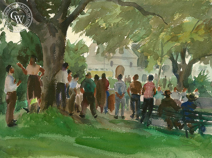 The Happening, watercolor painting by Emil Kosa Jr. (American art). Fine art giclée print reproduction by California Watercolor for wall decor.