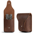 Valhalla Gear's The Herne, Bushcraft Belt Pouch displayed with multitools inside, showcasing its practical design as a Bushcraft Bag and Tactical Waist Pocket. This Utility Belt Pouch for Tools is made of Full Grain Leather, ideal for compact outdoor use, reflecting the quality of Small Batch Production, Hand Cut, and Hand Sewn craftsmanship. Artisan-made in La Antigua Guatemala.