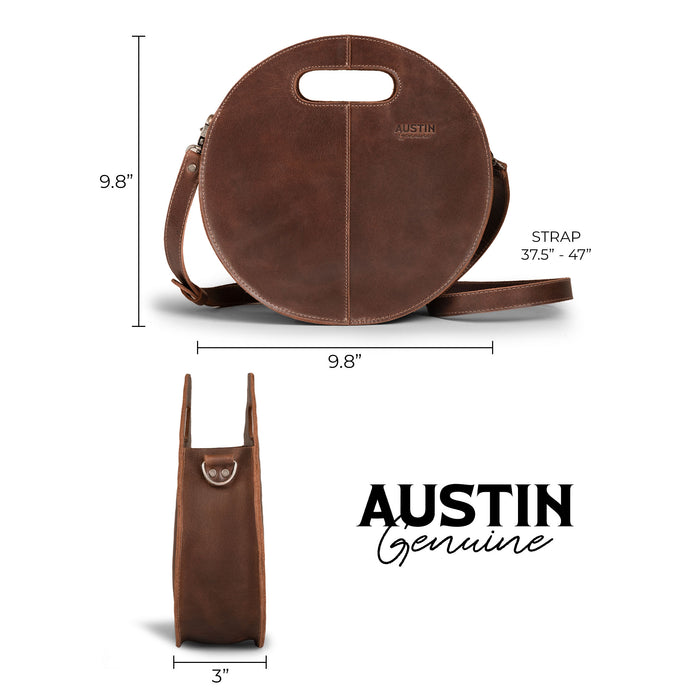 The Pecan Shoulder Bag by Austin Genuine, highlighting its dimensions alongside a sleek circular design, made from full grain leather, showcasing artisan skills with small batch production, hand cut, hand sewn, and featuring fire branded craftsmanship, made in La Antigua Guatemala & Oaxaca Mexico.