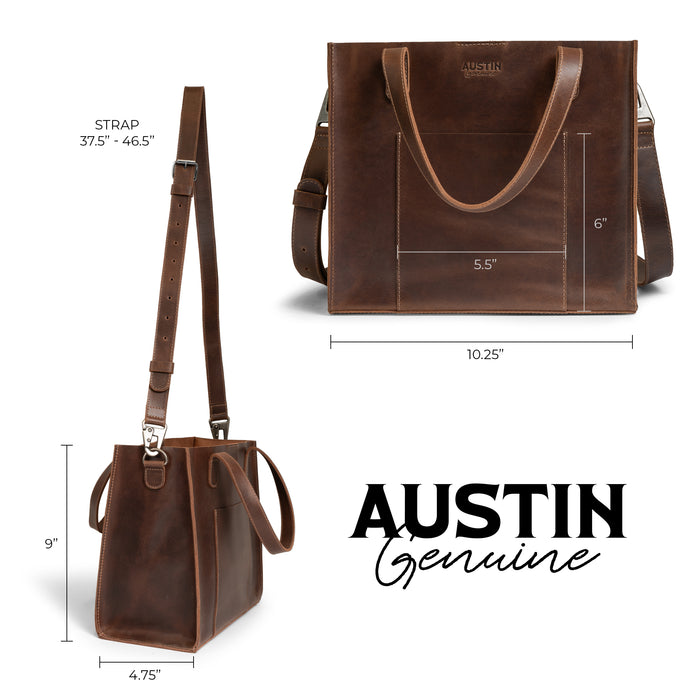 Dimensions of The Springdale Crossbody Tote by Austin Genuine, highlighting its full grain leather design. This artisanal bag features small batch production from La Antigua Guatemala & Oaxaca Mexico, embodying quality and unique craftsmanship.