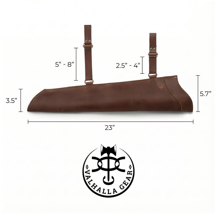 Dimensions of The Yeoman, Sling Arrow Quiver are displayed alongside the Valhalla Gear logo, showcasing its premium full grain leather craftsmanship. This artisan quiver is hand cut, hand sewn, and fire branded, representing quality that comes from small batch production, handmade in La Antigua Guatemala & Oaxaca Mexico.