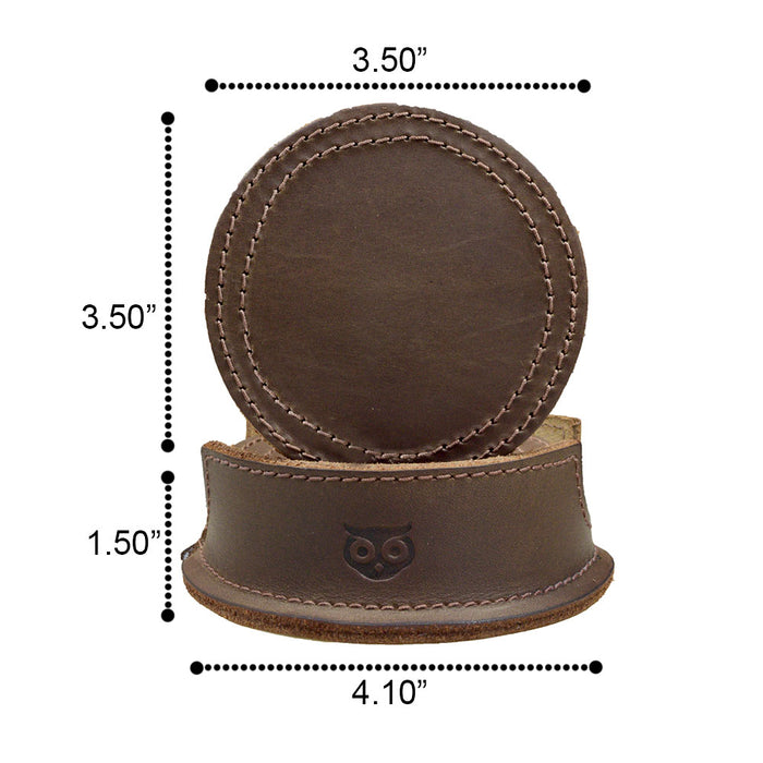 Dimensions of the Thick Leather Coasters (6-Pack) by Hide & Drink, showcasing a meticulously crafted circular coaster in bourbon brown with detailed stitching. Made from high-quality full grain leather, these artisan coasters exemplify small batch production, hand cut, hand sewn, and are fire branded, handmade in La Antigua Guatemala.