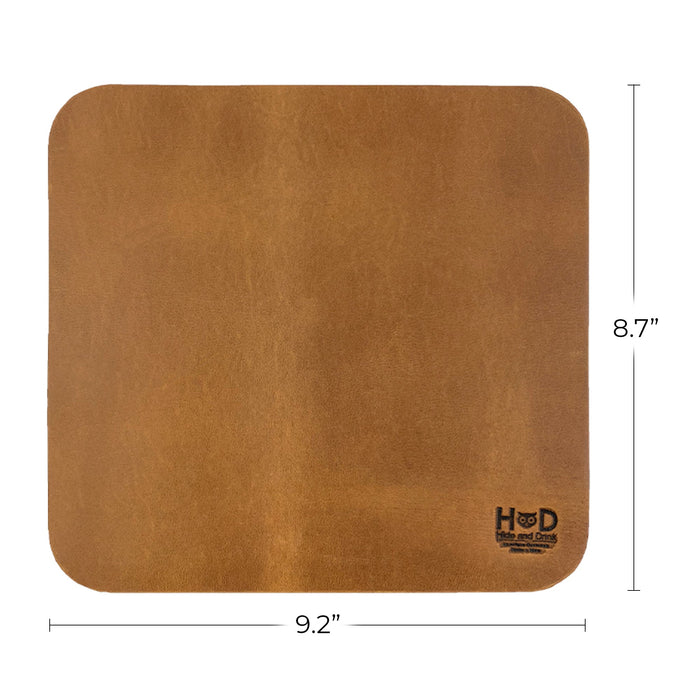 Hide & Drink Mousepad showcasing a stunning red leather surface, perfect for vibrant desk aesthetics. This handcrafted mousepad features an ergonomic non-slip design, made in La Antigua Guatemala & Oaxaca Mexico.