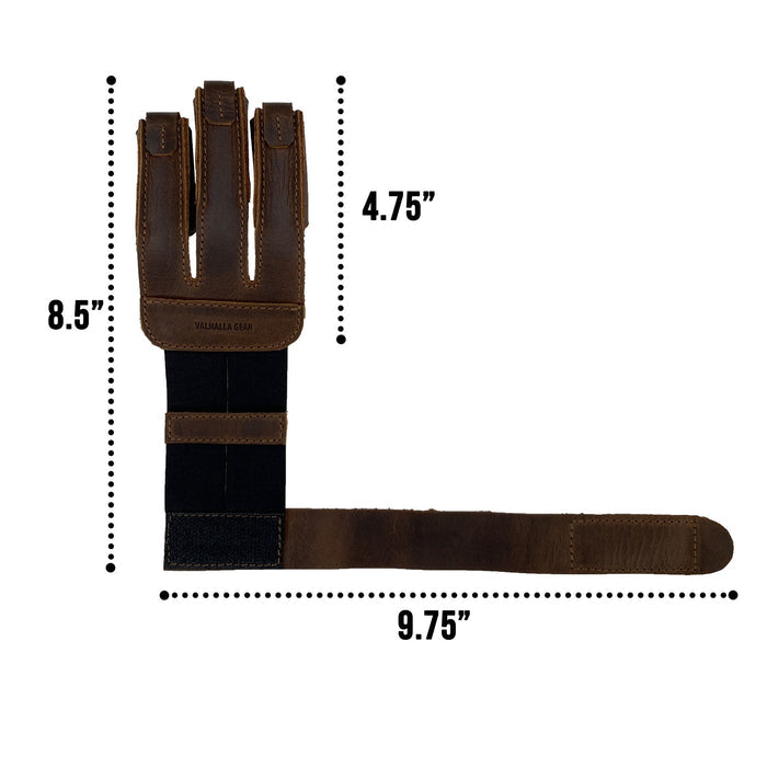 Valhalla Gear Three-Finger Archery Glove displayed with measurement specifications, made of durable full grain leather. This handmade accessory is perfect for archers practicing bow and arrow shooting and offers protection for wrist and fingers. Showcasing artisan craftsmanship with small batch production, hand cut, hand sewn elements, it is fire branded and proudly made in La Antigua Guatemala & Oaxaca Mexico.