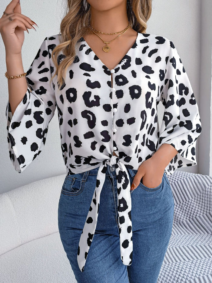 Tied Button Up Leopard V-Neck Blouse ~ Online Only
