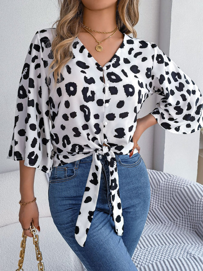 Tied Button Up Leopard V-Neck Blouse ~ Online Only