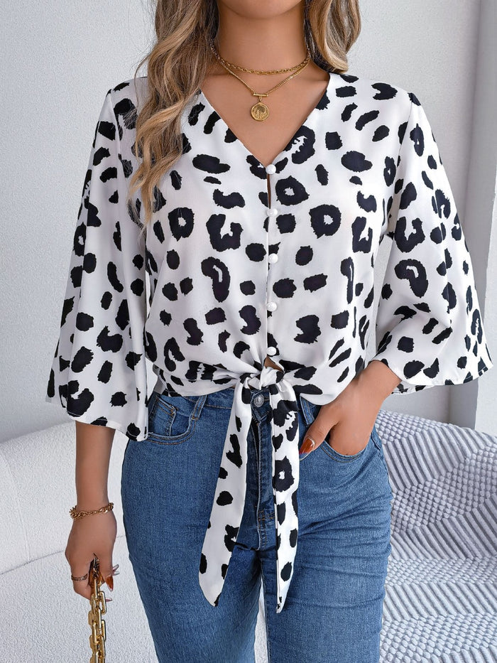 Tied Button Up Leopard V-Neck Blouse ~ Online Only