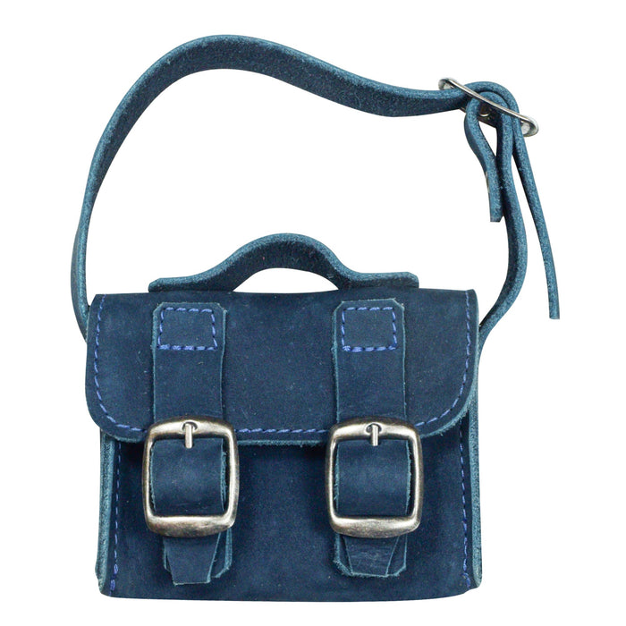 The stylish navy Tiny Messenger Bag by Hide & Drink, an artisan Mini Messenger Bag Charm crafted from robust Full Grain Leather. This accessory is perfect as a keychain or for adding a unique touch to handbags, made with care in La Antigua Guatemala.