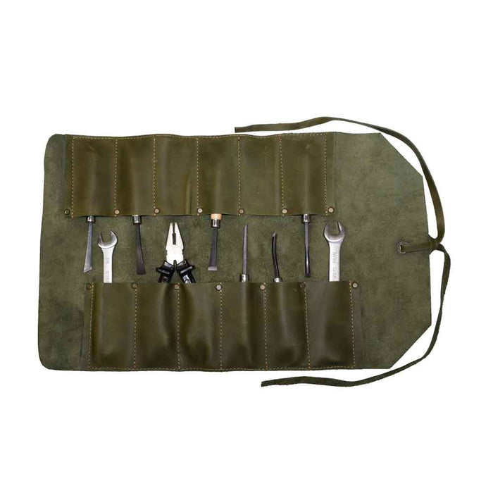 Hide & Drink Tool Roll (12 Pockets): View of a stylish leather tool pouch, perfectly organized and ready for use on any project. Tool Bag Roll Up, 12 Slot Heavy Duty Tool Roll Bag Organizer, Tool Roll Up Bag, Portable Tool Wrap Roll Bags for Travel, Durable Tool Kit Folding Tool Pouch Roll Up Mechanic Gifts for Men, Full Grain Leather, StockyardX, Small Batch Production, Hand Cut, Hand Sewn, Fire Branded, Artisan, Handmade in La Antigua Guatemala & Oaxaca Mexico.