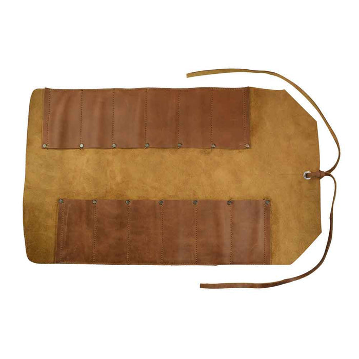 Hide & Drink Tool Roll (12 Pockets): Open display of the convenient tool roll, featuring numerous pockets for organized storage on-the-go for all your tools. Tool Bag Roll Up, 12 Slot Heavy Duty Tool Roll Bag Organizer, Tool Roll Up Bag, Portable Tool Wrap Roll Bags for Travel, Durable Tool Kit Folding Tool Pouch Roll Up Mechanic Gifts for Men, Full Grain Leather, StockyardX, Small Batch Production, Hand Cut, Hand Sewn, Fire Branded, Artisan, Handmade in La Antigua Guatemala & Oaxaca Mexico.