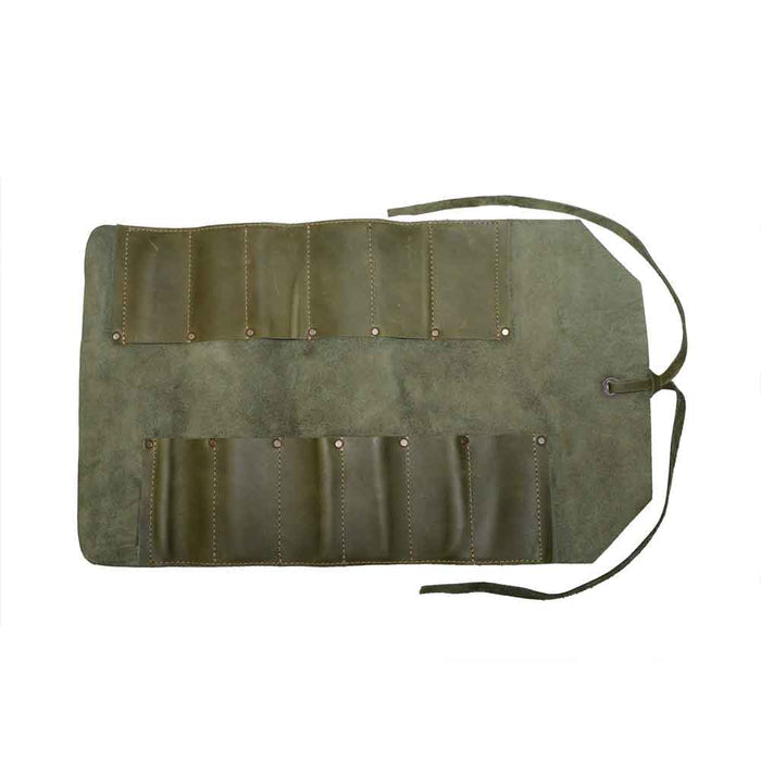 Hide & Drink Tool Roll (12 Pockets): Close-up of the tool roll‚Äôs full grain leather material, demonstrating superior quality and hand craftsmanship. Tool Bag Roll Up, 12 Slot Heavy Duty Tool Roll Bag Organizer, Tool Roll Up Bag, Portable Tool Wrap Roll Bags for Travel, Durable Tool Kit Folding Tool Pouch Roll Up Mechanic Gifts for Men, Full Grain Leather, StockyardX, Small Batch Production, Hand Cut, Hand Sewn, Fire Branded, Artisan, Handmade in La Antigua Guatemala & Oaxaca Mexico.