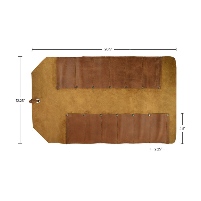 Hide & Drink Tool Roll (12 Pockets): An organized view of the leather tool roll revealing its spacious design, suitable for various hand tools and accessories. Tool Bag Roll Up, 12 Slot Heavy Duty Tool Roll Bag Organizer, Tool Roll Up Bag, Portable Tool Wrap Roll Bags for Travel, Durable Tool Kit Folding Tool Pouch Roll Up Mechanic Gifts for Men, Full Grain Leather, StockyardX, Small Batch Production, Hand Cut, Hand Sewn, Fire Branded, Artisan, Handmade in La Antigua Guatemala & Oaxaca Mexico.
