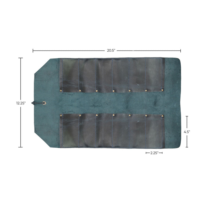 Hide & Drink Tool Roll (12 Pockets): Top view of a leather tool roll, highlighting the craftsmanship and unique color variations of the full grain leather. Tool Bag Roll Up, 12 Slot Heavy Duty Tool Roll Bag Organizer, Tool Roll Up Bag, Portable Tool Wrap Roll Bags for Travel, Durable Tool Kit Folding Tool Pouch Roll Up Mechanic Gifts for Men, Full Grain Leather, StockyardX, Small Batch Production, Hand Cut, Hand Sewn, Fire Branded, Artisan, Handmade in La Antigua Guatemala & Oaxaca Mexico.