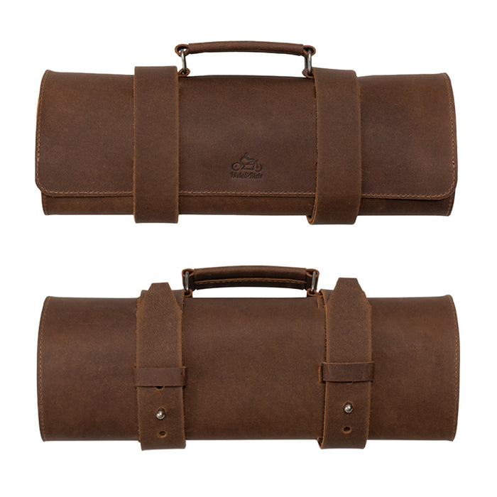 Closed Tool Roll for Bikers in rich brown leather by Hide & Ride, designed for easy transport and storage. This isn‚Äôt just a Motorcycle Tool Bag; it‚Äôs a Universal Saddlebag for Motorcycle and Fork Bag for Bikers. Experience the durability of Full Grain Leather in this Small Batch Production item, characterized by Hand Cut and Hand Sewn embellishments with a Fire Branded logo, all crafted by artisans in La Antigua Guatemala & Oaxaca Mexico.