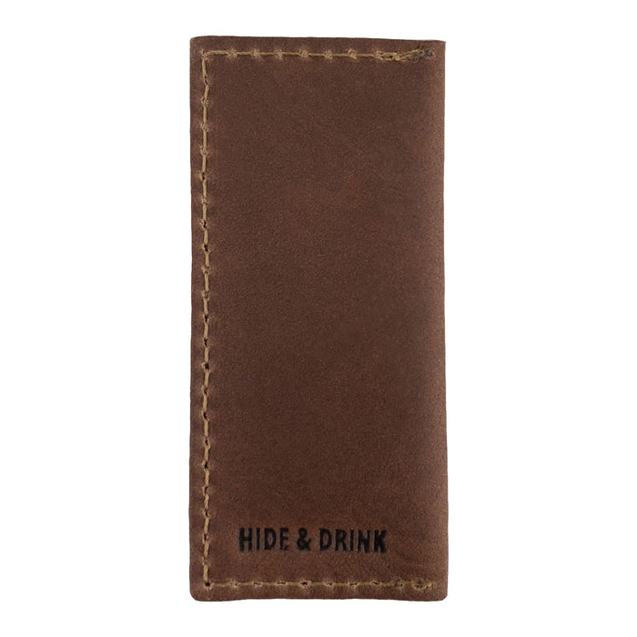 Hide & Drink Tooth Pick Case (4 Pack) with a detailed image of a well-crafted leather toothpick holder. Set of 4 Tooth Pick Cases, Cooking Accessories, Full Grain Leather, StockyardX, Small Batch Production, Hand Cut, Hand Sewn, Fire Branded, Artisan, Handmade in La Antigua Guatemala & Oaxaca Mexico.