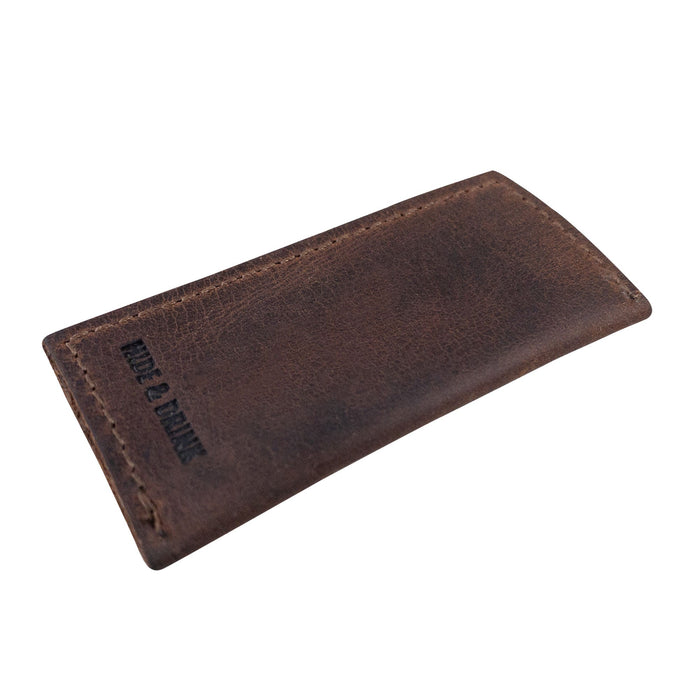 Hide & Drink Tooth Pick Case (4 Pack) showing a side view of a leather case perfect for toothpicks. Set of 4 Tooth Pick Cases, Cooking Accessories, Full Grain Leather, StockyardX, Small Batch Production, Hand Cut, Hand Sewn, Fire Branded, Artisan, Handmade in La Antigua Guatemala & Oaxaca Mexico.
