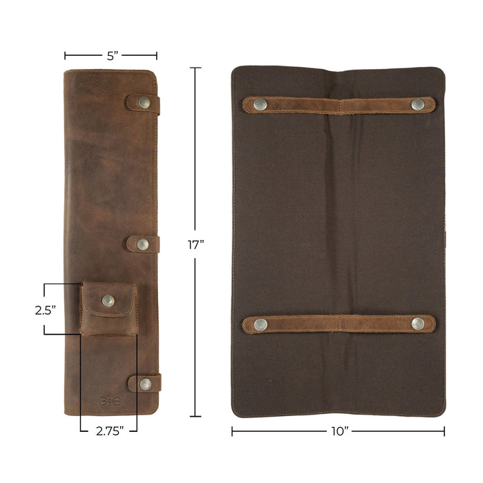 Measurement details of the Travel Tie Case by Hide & Groom, illustrating its size dimensions against a backdrop of full grain leather. Perfect for best men, this Travel Tie Case combines function with artisan quality.