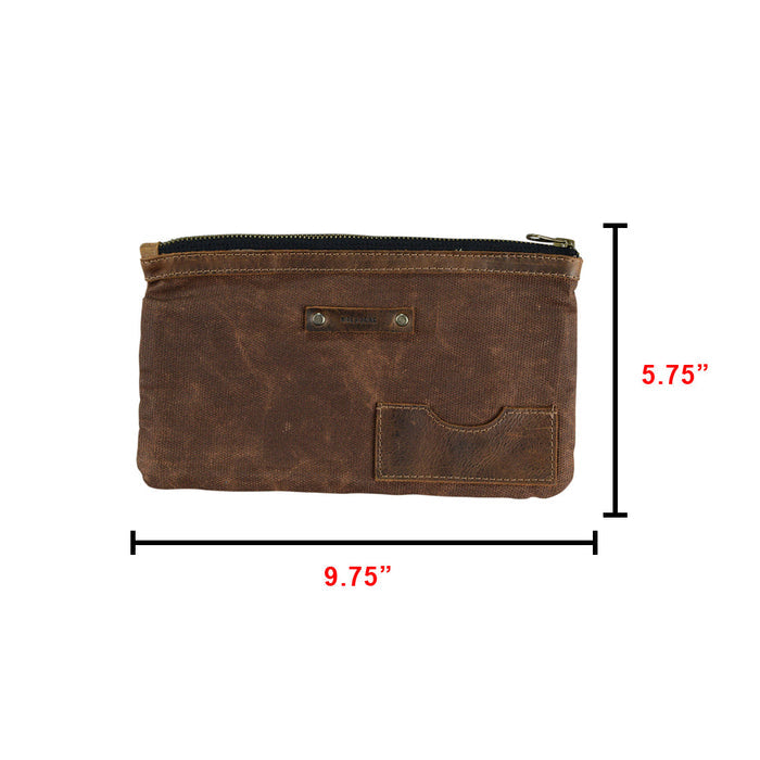 Dimensions of the Traveler Organizer by Hide & Drink, emphasizing its compact size for efficient organization. This All Purpose Utility Pouch made from Waxed Canvas & Full Grain Leather is an essential Travel Accessories item for camping. Each piece is crafted through Small Batch Production, highlighting the artisanal touch of being Hand Cut and Hand Sewn in La Antigua Guatemala & Oaxaca Mexico.