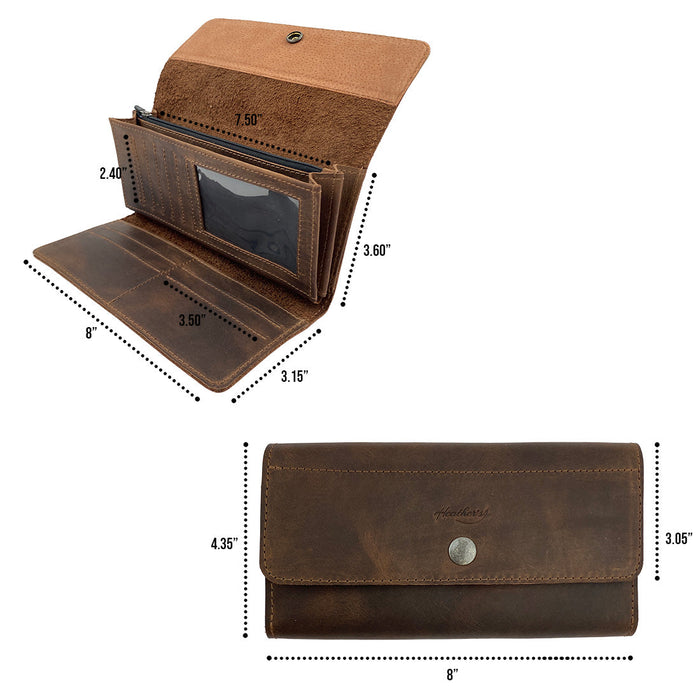 Heather's Tri Fold Folio Wallet with a card and tag, reflecting its artisan craftsmanship and stylish design. This Tri Fold Folio Wallet is a sophisticated card saver for women, crafted from full grain leather and hand sewn, representing the handmade quality from La Antigua Guatemala & Oaxaca Mexico.