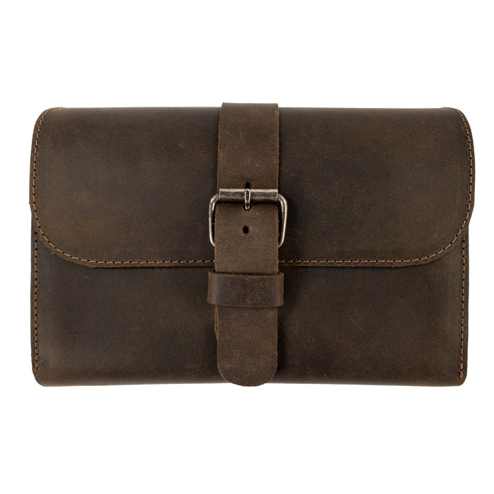 Front view of the Triple Cigar Case by Hide & Drink, showcasing its rustic design in full grain leather. This artisanal accessory features a secure buckle closure and is handcrafted in La Antigua Guatemala, embodying small batch production with a unique patina.