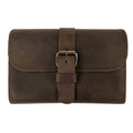Front view of the Triple Cigar Case by Hide & Drink, showcasing its rustic design in full grain leather. This artisanal accessory features a secure buckle closure and is handcrafted in La Antigua Guatemala, embodying small batch production with a unique patina.