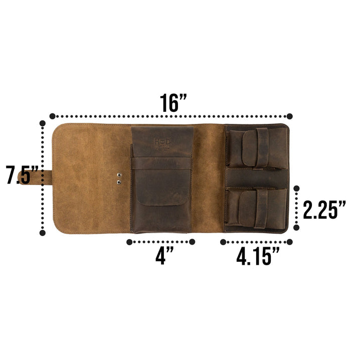 Dimensions of the Triple Cigar Case by Hide & Drink displayed alongside its features. Crafted from full grain leather, this rustic tobacco pouch is hand cut and sewn, emphasizing artisan craftsmanship and small batch production.
